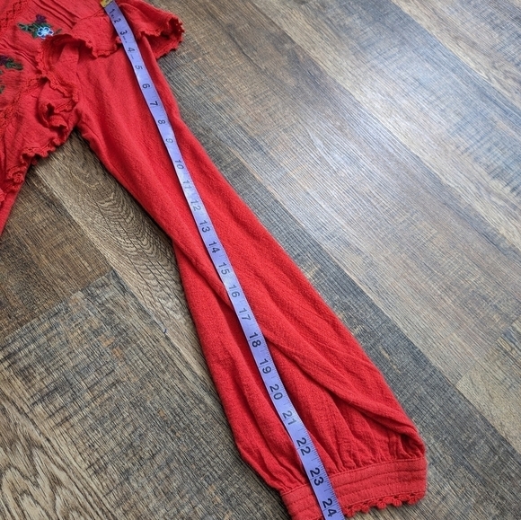 Free People Amy Red Floral Embroidered Bohemian Long Sleeve Blouse Women's Small - Picture 7 of 11